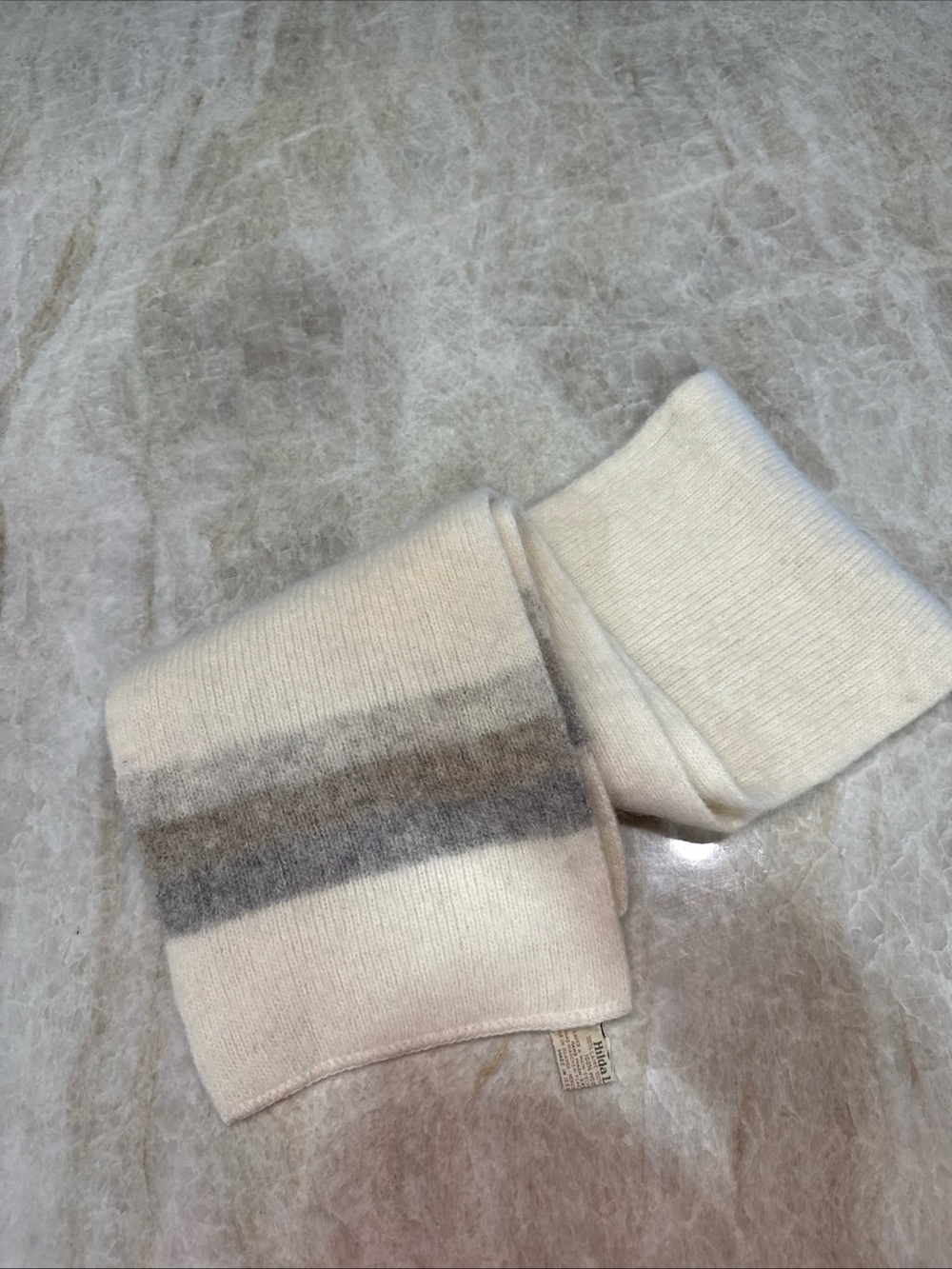 Vintage Hilda Ltd Iceland 100% Wool Scarf Ivory Cream Tan Striped